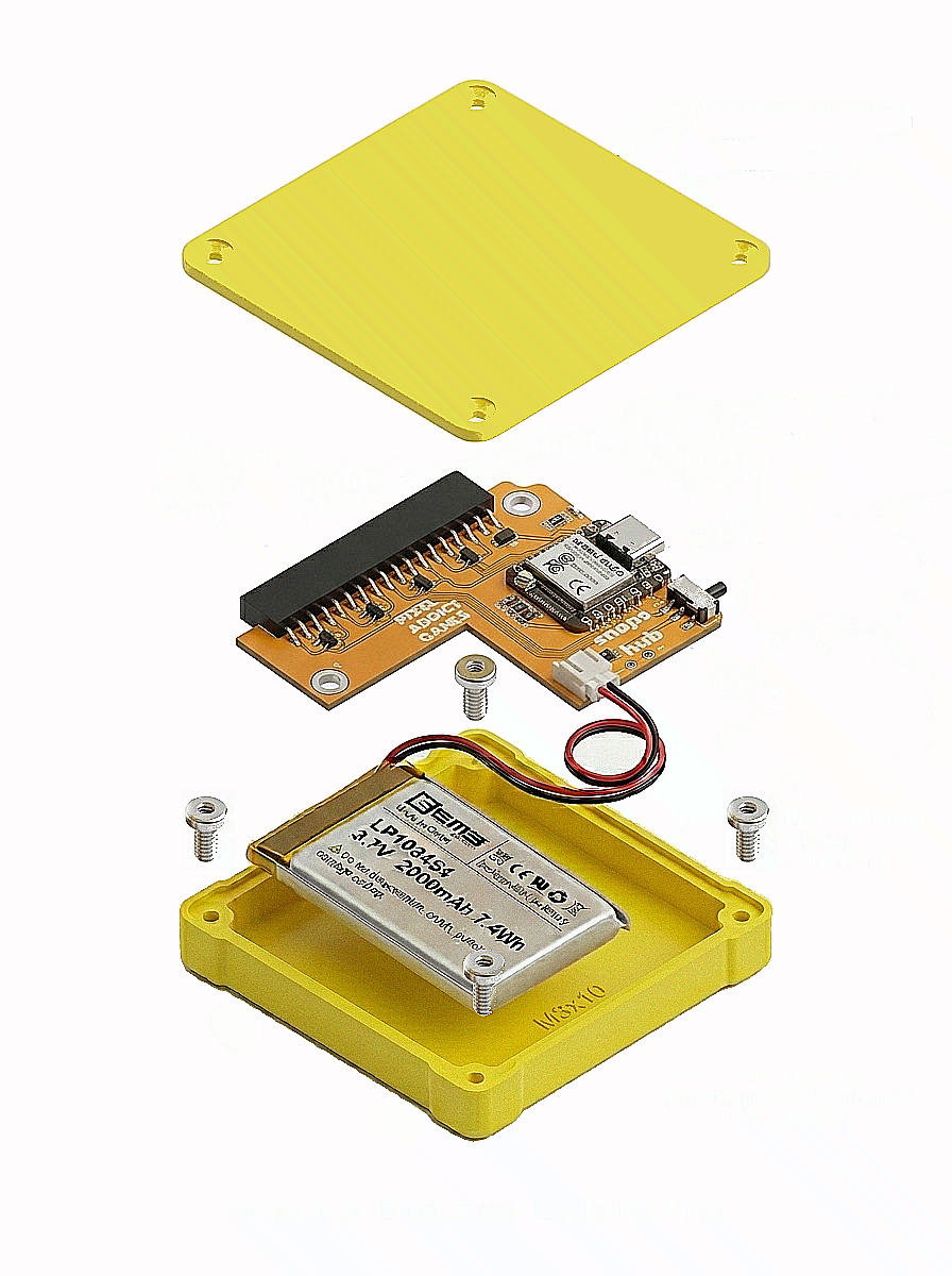Snaps Hub exploded view — case, PCB and battery